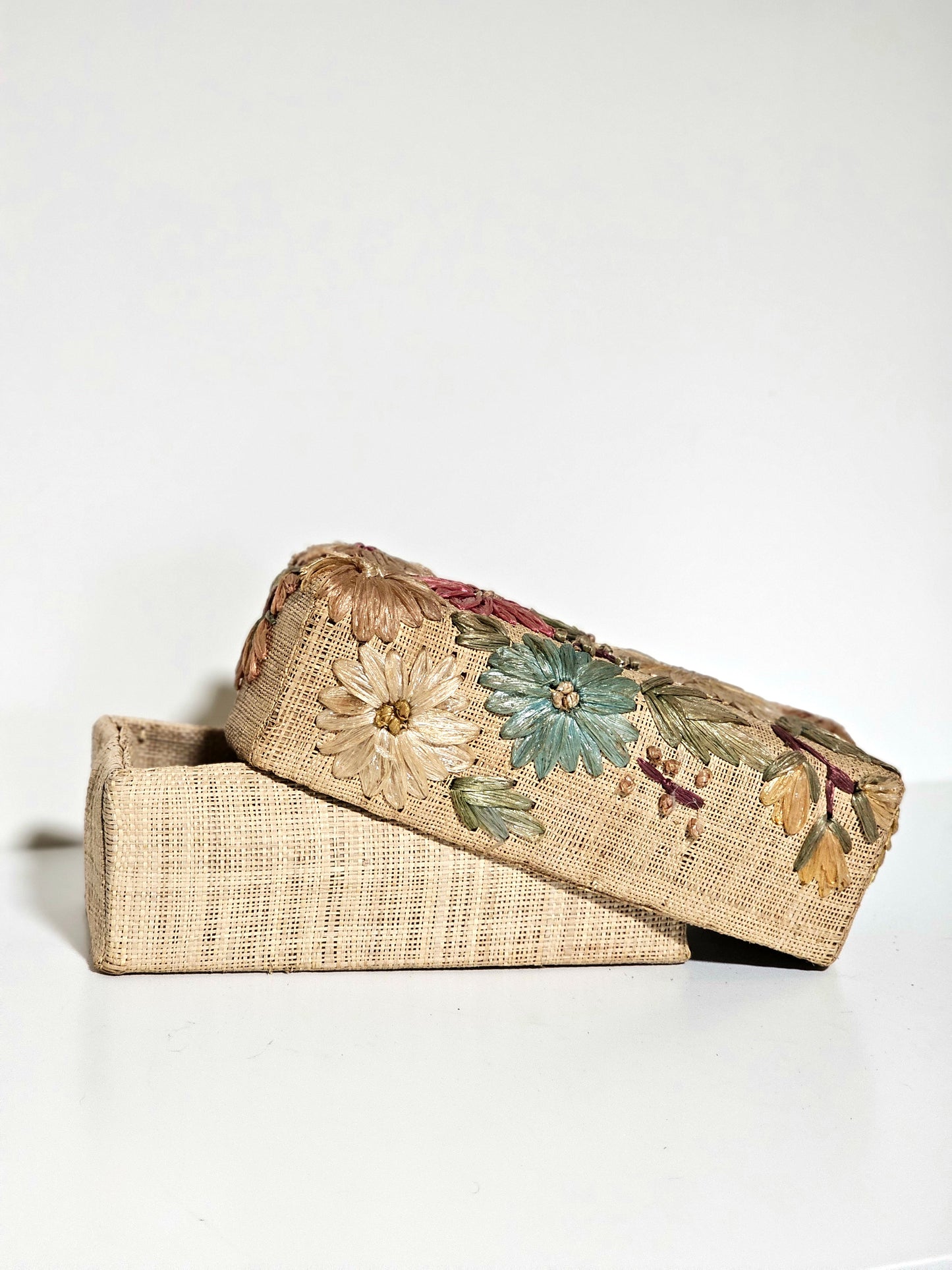 Vintage Handmade Straw Embroidery Box