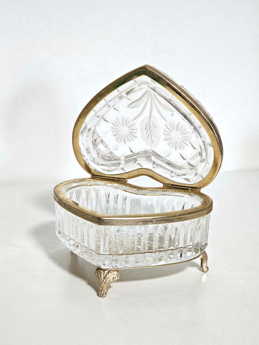 Brass Heart Cut Crystal Flower Art Hinged Box