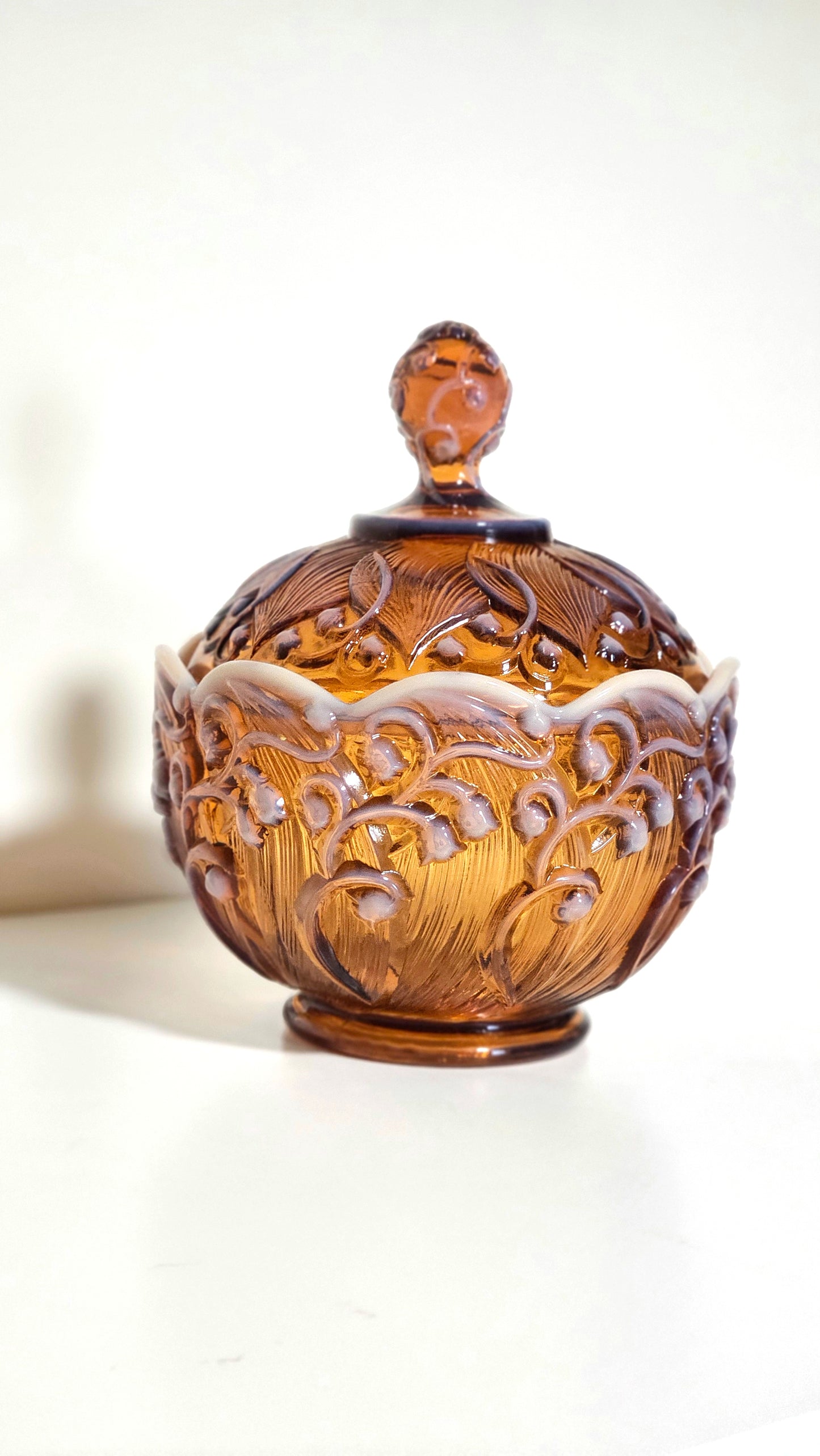 Fenton Lily of the Valley Caramel Lidded Dish