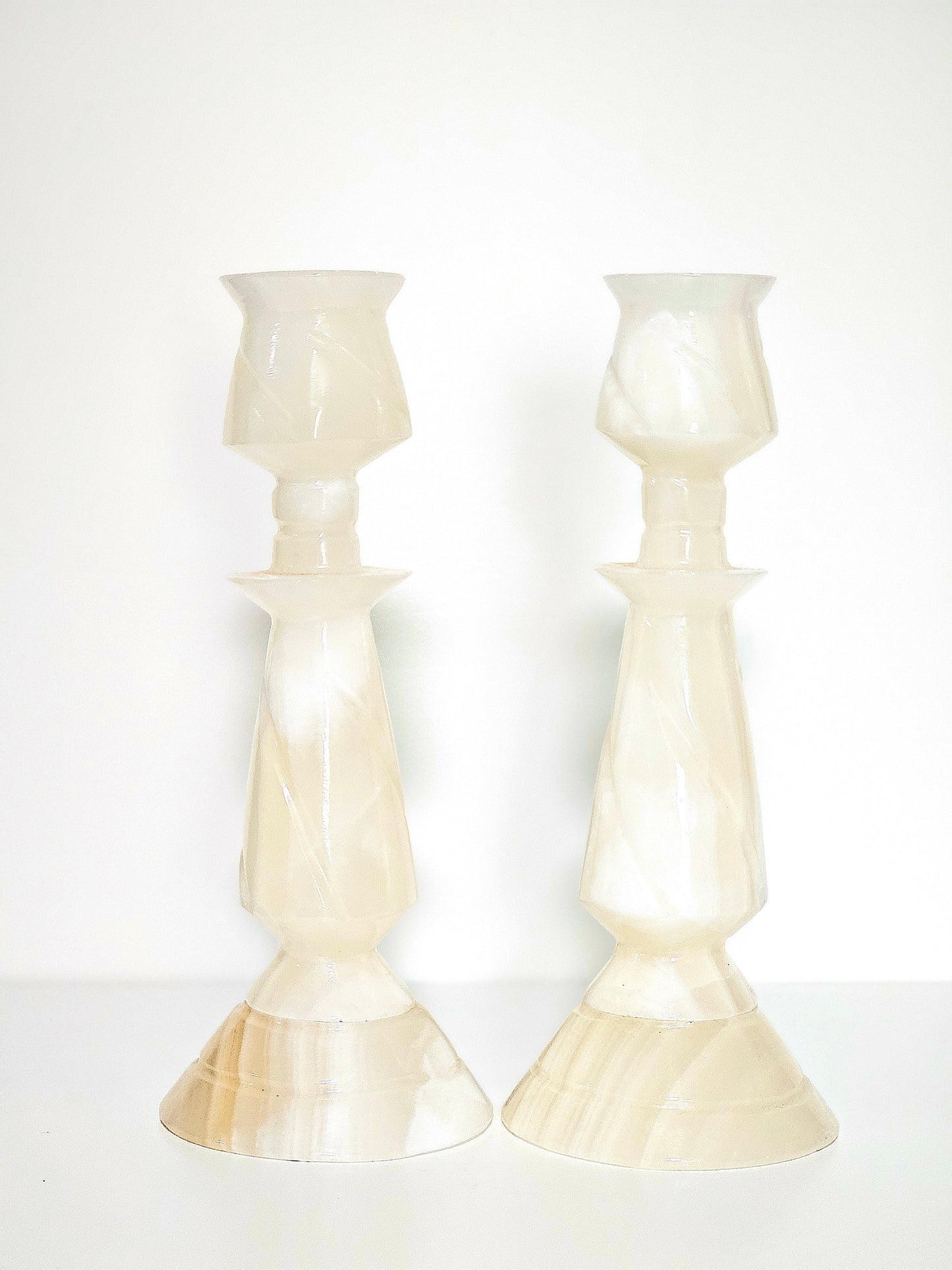 Carved Alabaster Candlestick Pair