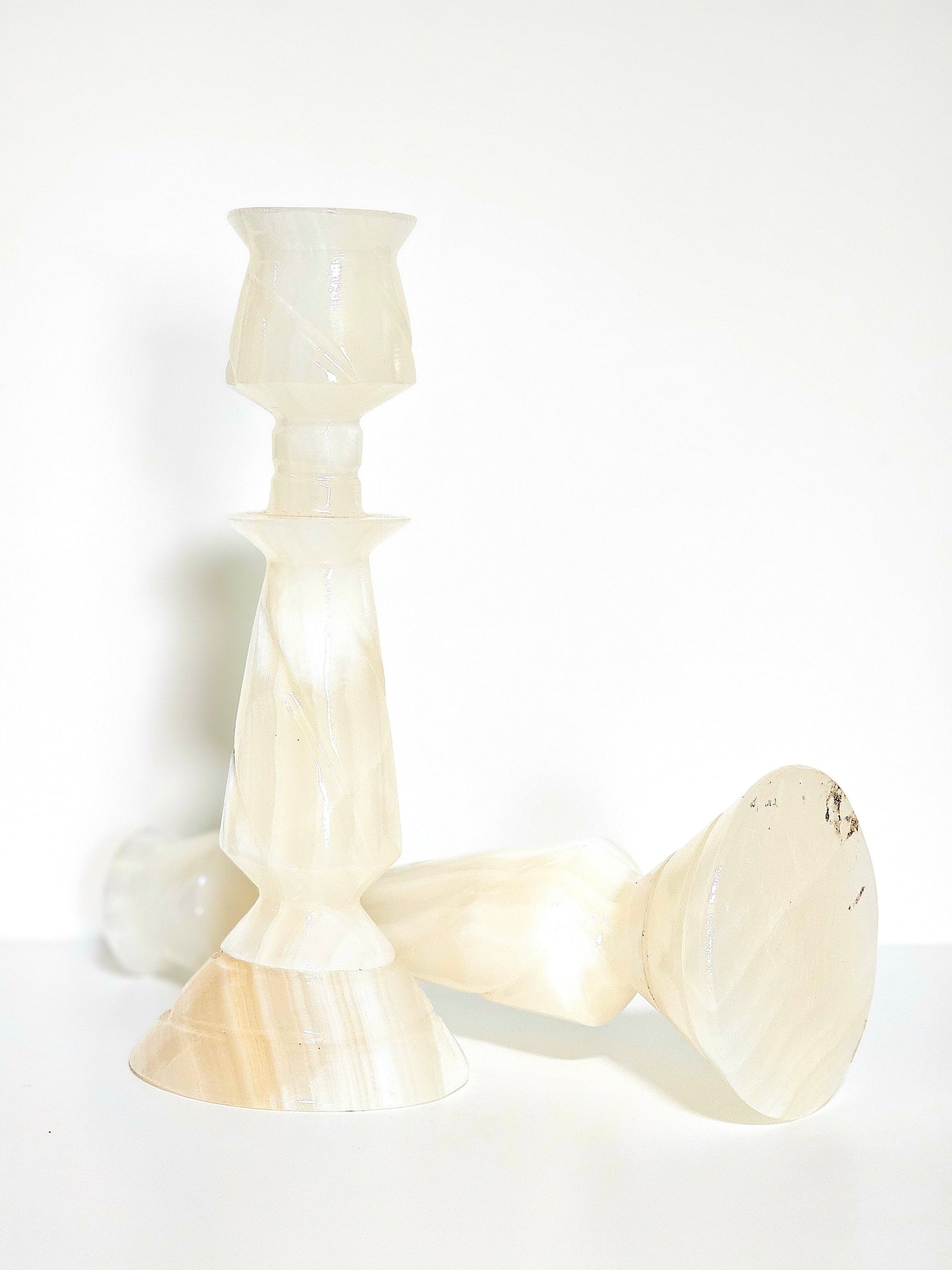 Carved Alabaster Candlestick Pair