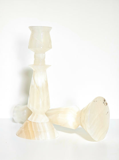 Carved Alabaster Candlestick Pair