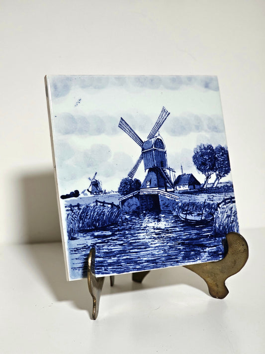 Delft Blue Art Tile "Windmill by the Canal"