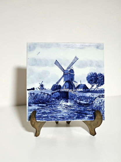 Delft Blue Art Tile "Windmill by the Canal"