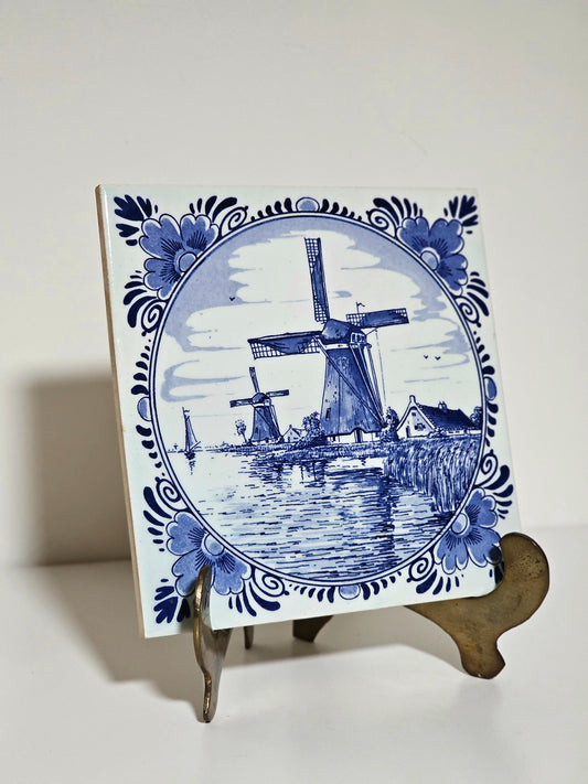 Delft Blue Art Tile "Windmill Boathouses"