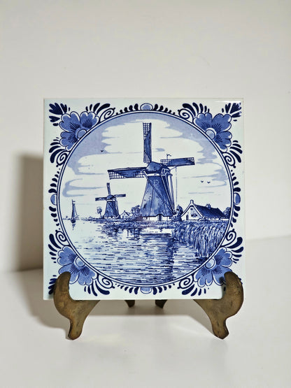 Delft Blue Art Tile "Windmill Boathouses"