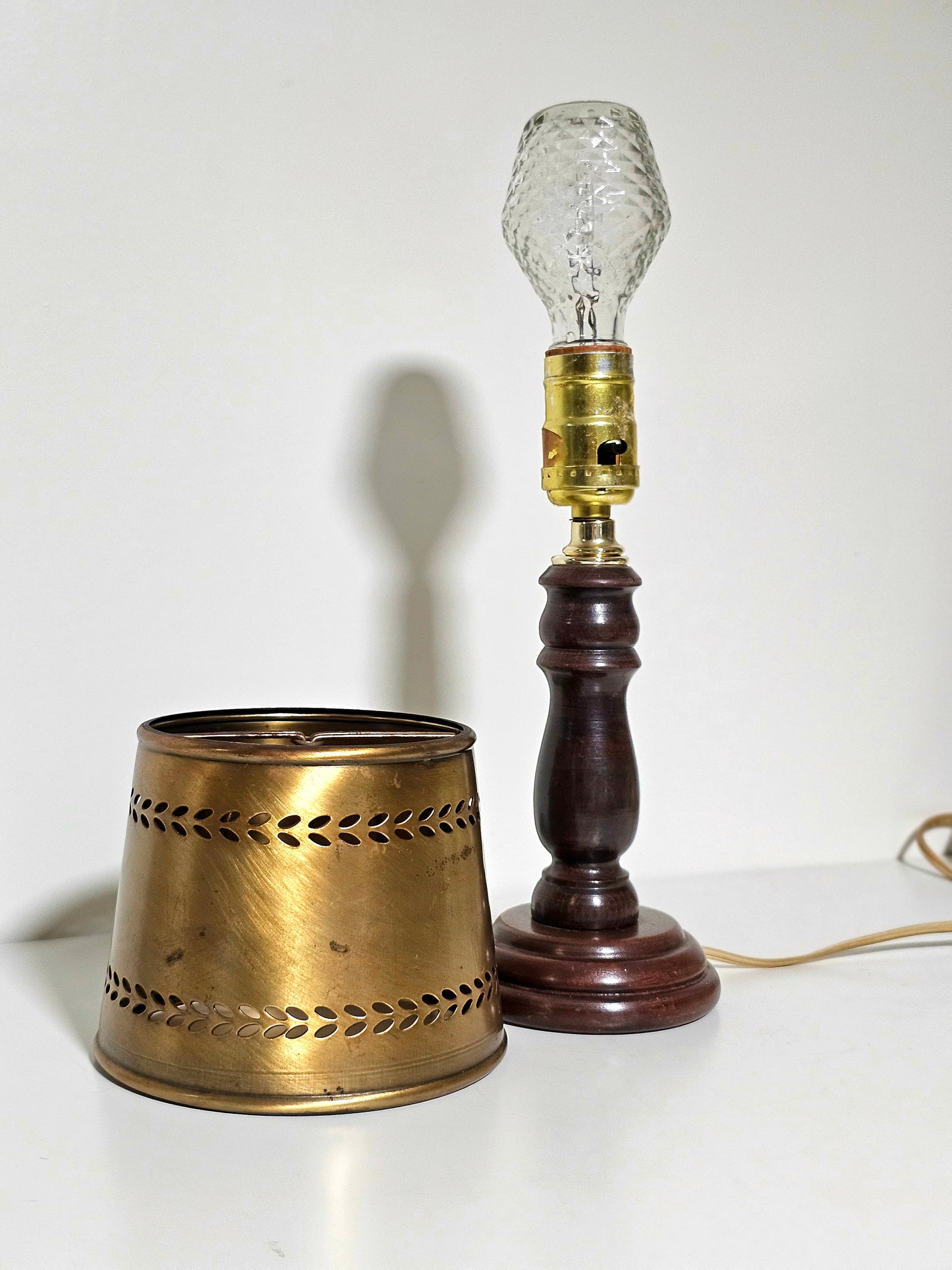 Brass Punched Tole Lampshade & Turned Wood Lamp Base