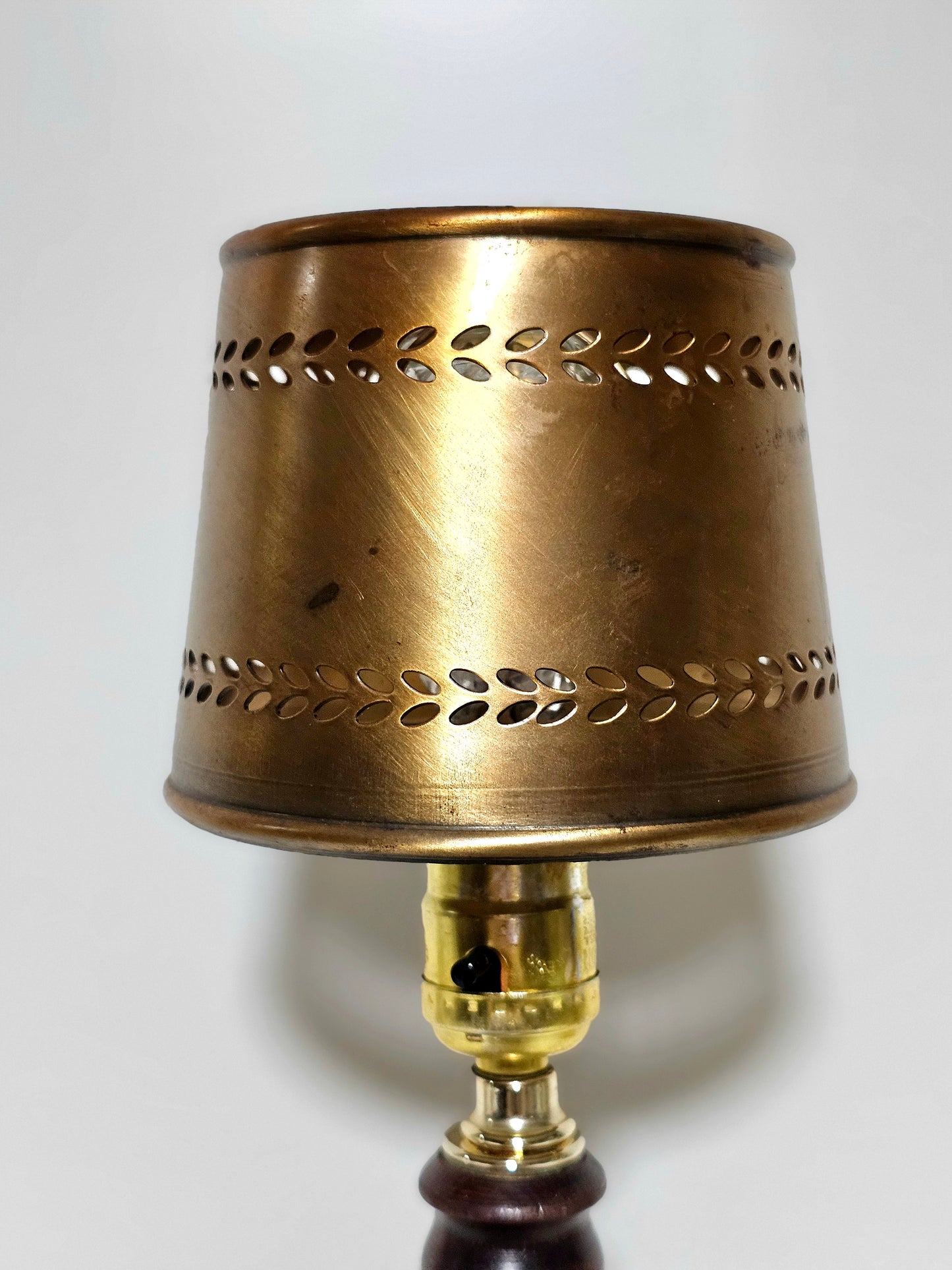 Brass Punched Tole Lampshade & Turned Wood Lamp Base