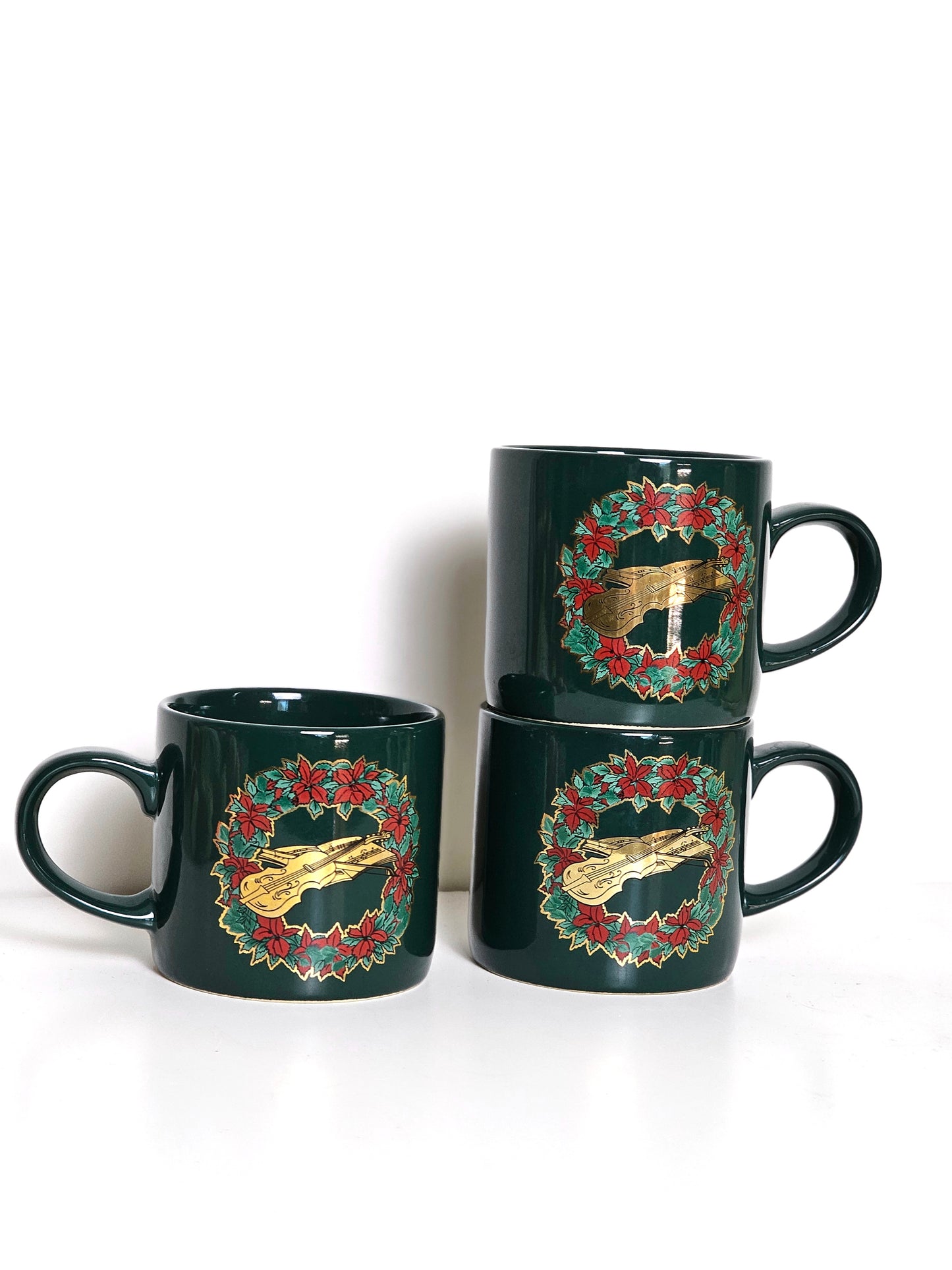 Gold Gilt Wreath & Violin Holiday Mugs